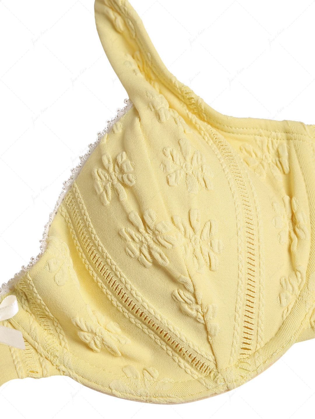 Yellow Jacquard Textured Lace Bowknot Underwire Cheeky Boyshorts Bikini Set