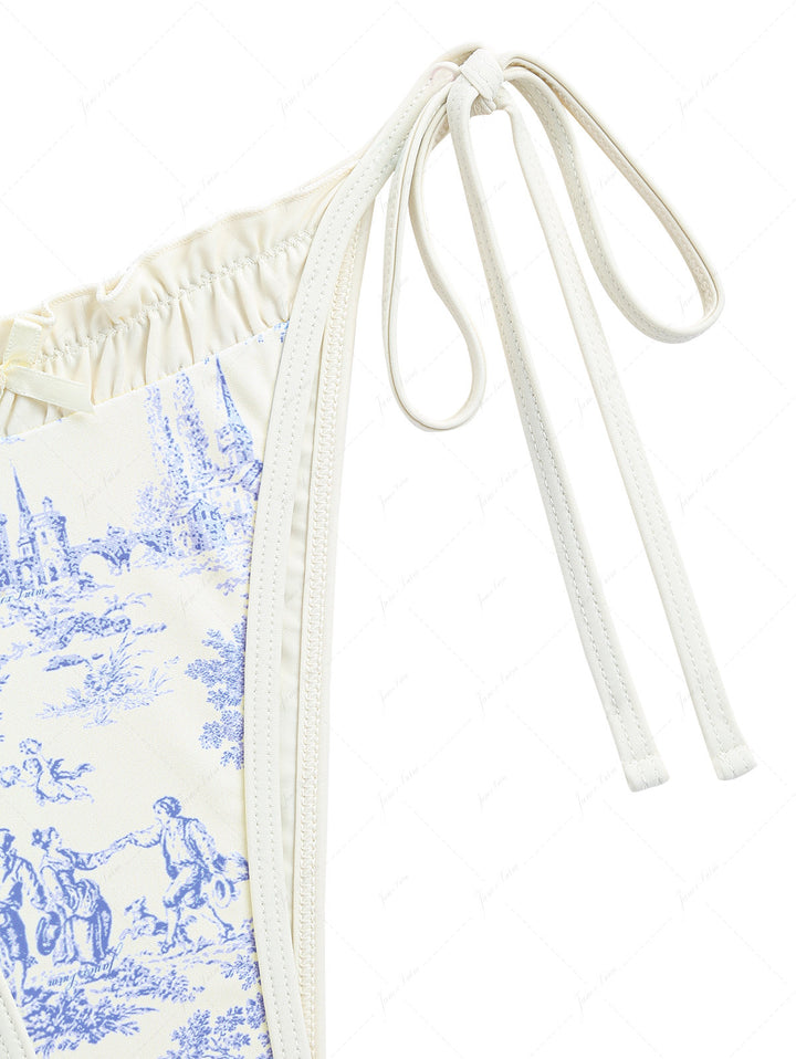 Crystal Cream Toile de Jouy Spliced Ruched Ruffles Cheeky Bikini Bottom