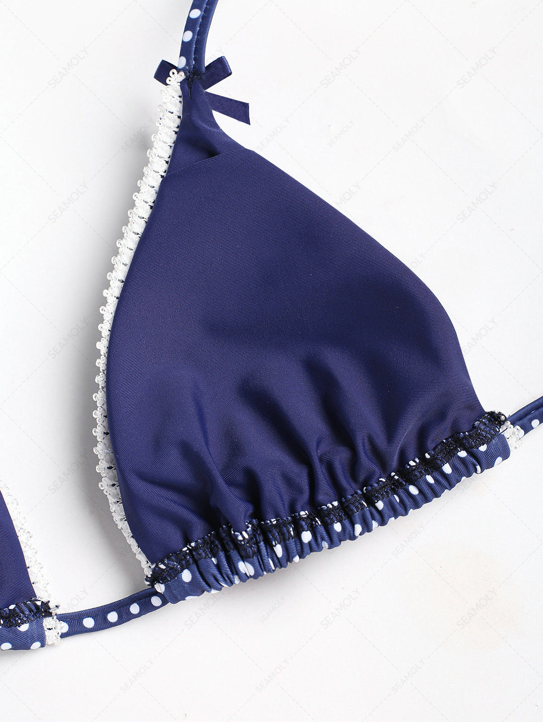 Deep Blue Polka Dots Lace Bowknot Halter Triangle Bikini Top