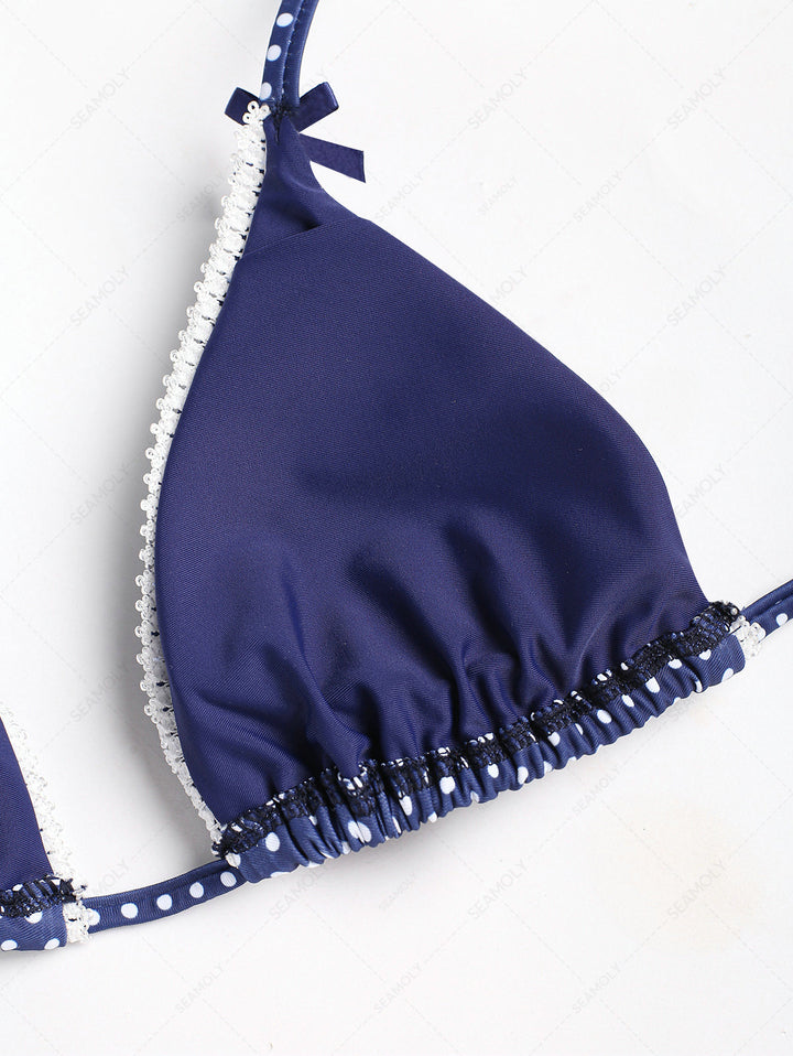 Deep Blue Polka Dots Lace Bowknot Halter Triangle Bikini Top