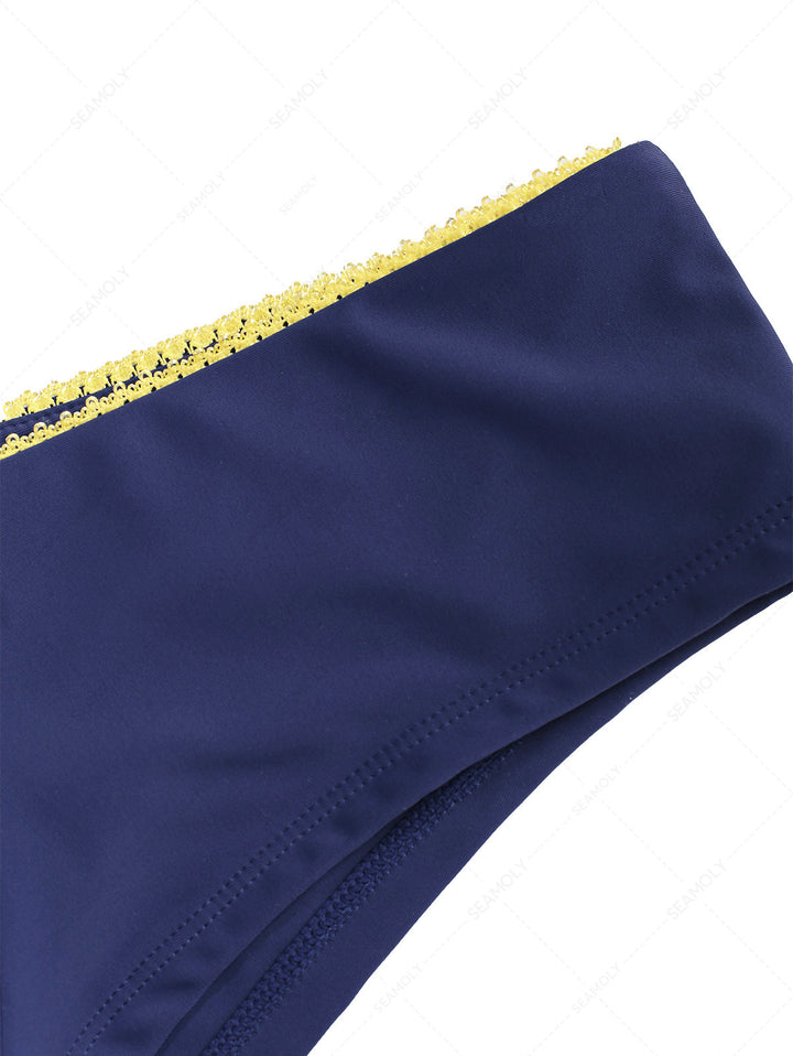 Deep Blue Lace Bowknot Low Rise Beach Bottom Bikini  Boyshorts