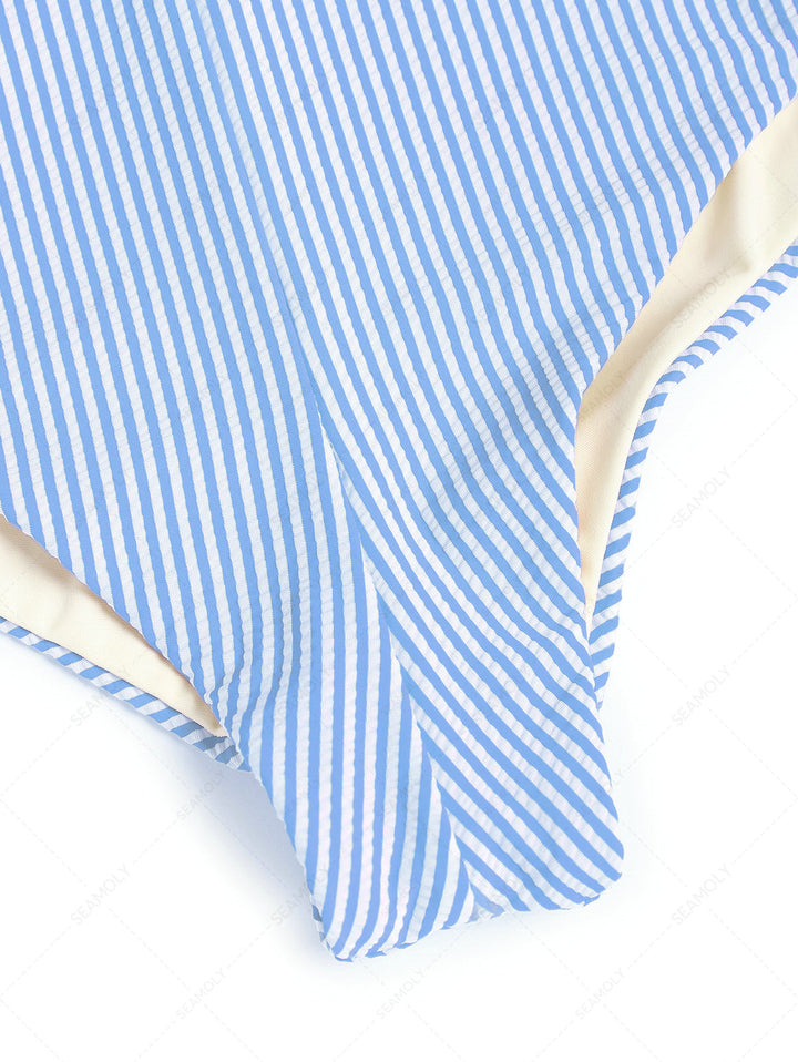 Sky Blue Striped Beach Swim High Rise Bottom Boyshorts