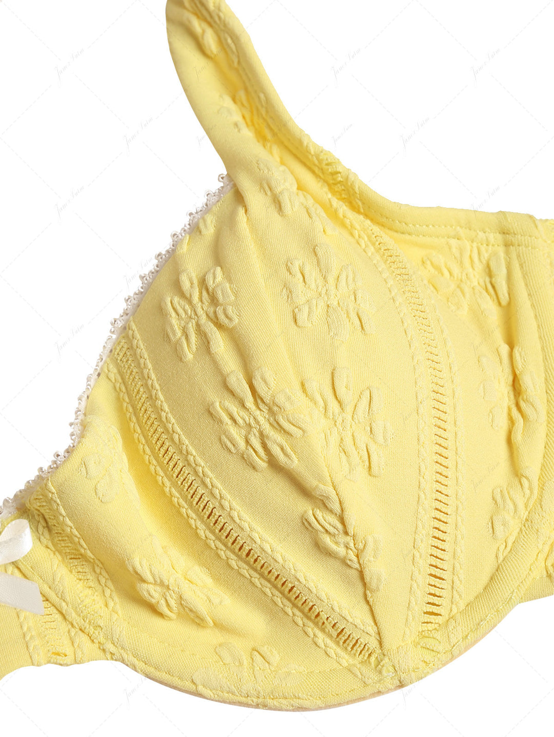 Yellow Jacquard Textured Lace Bowknot Underwire Bikini Top
