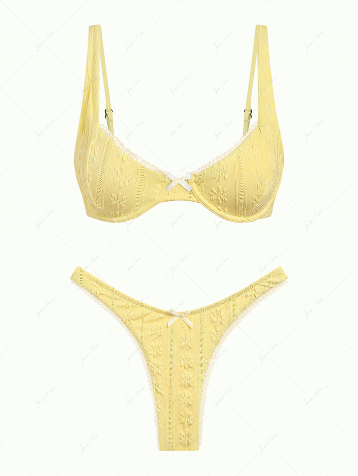 Yellow Jacquard Textured Lace Bowknot Underwire Bikini Set