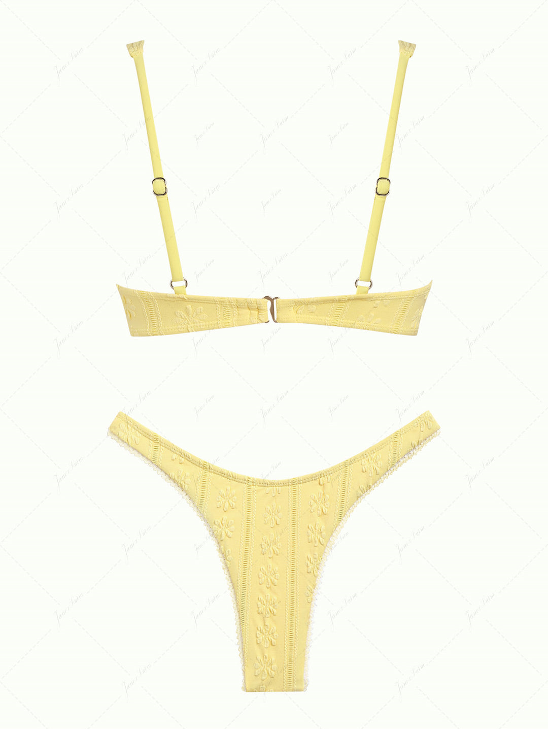 Yellow Jacquard Textured Lace Bowknot Underwire Bikini Set