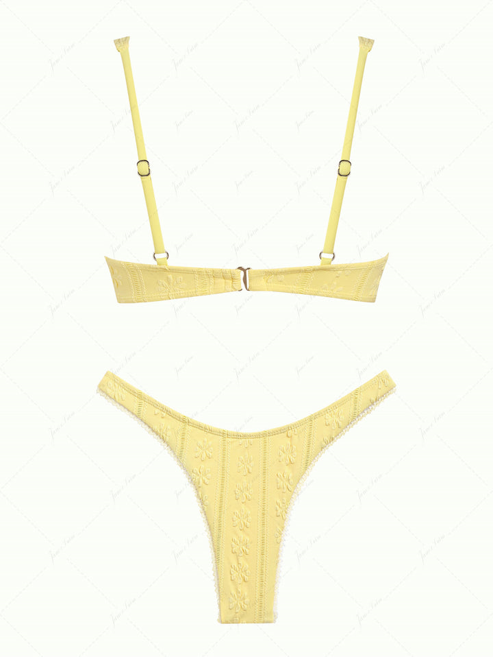 Yellow Jacquard Textured Lace Bowknot Underwire Bikini Set