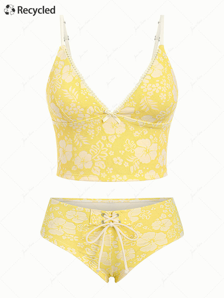 Yellow Recycled Fabric Jacquard Lace Bowknot Cheeky Boyshorts Tankini Set