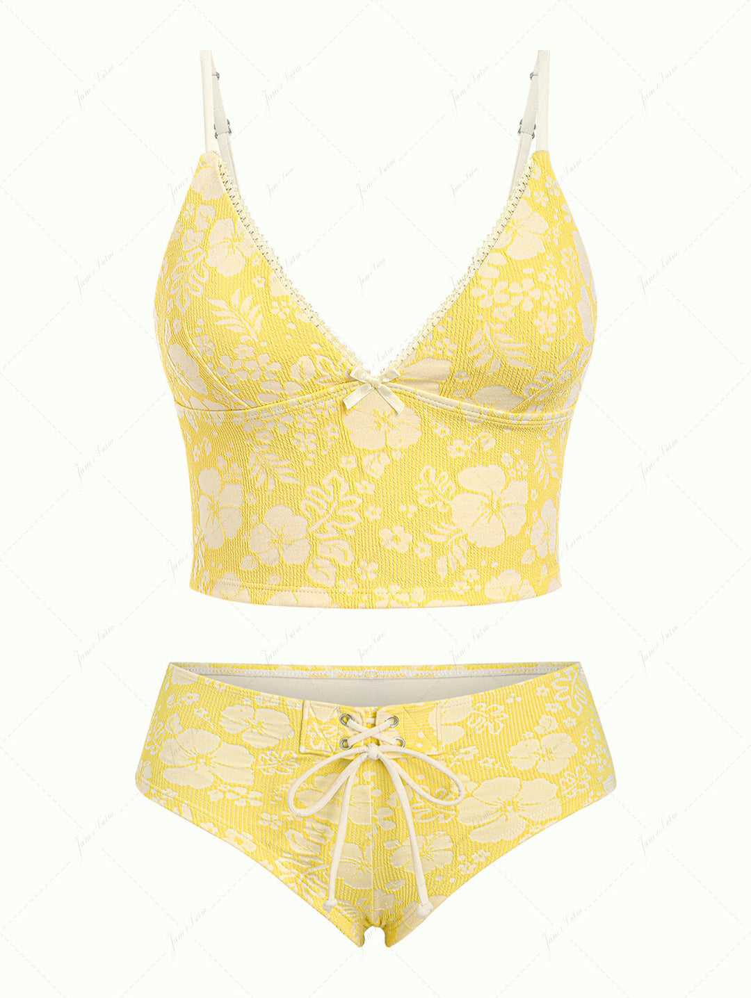 Yellow Recycled Fabric Jacquard Lace Bowknot Cheeky Boyshorts Tankini Set