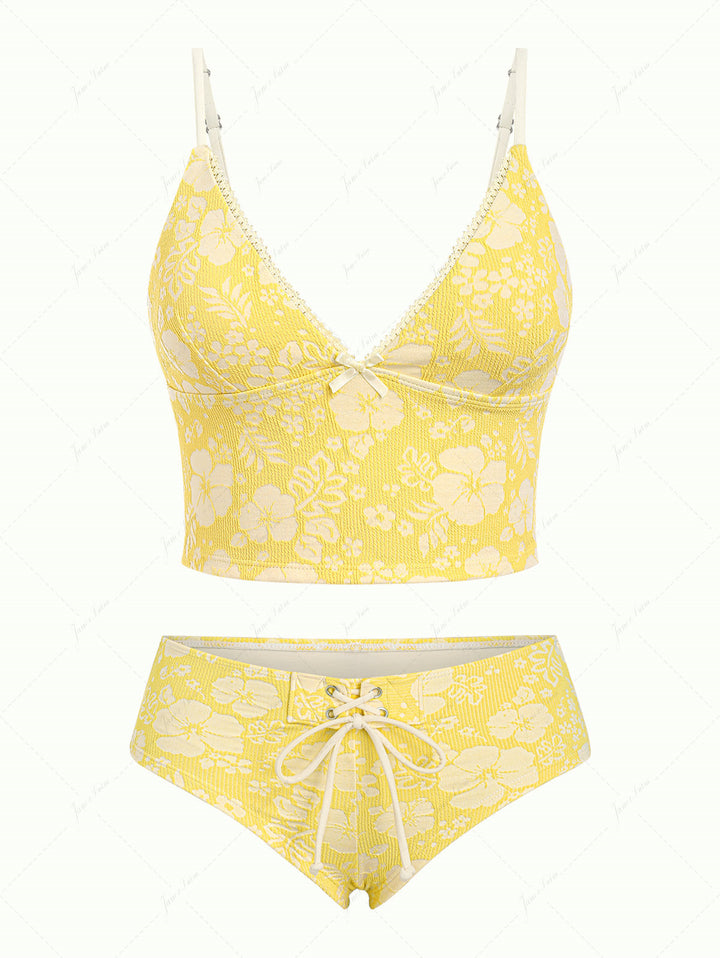 Yellow Recycled Fabric Jacquard Lace Bowknot Cheeky Boyshorts Tankini Set