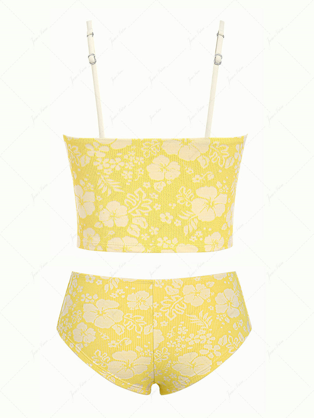 Yellow Recycled Fabric Jacquard Lace Bowknot Cheeky Boyshorts Tankini Set