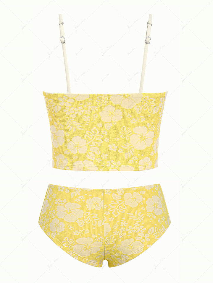 Yellow Recycled Fabric Jacquard Lace Bowknot Cheeky Boyshorts Tankini Set