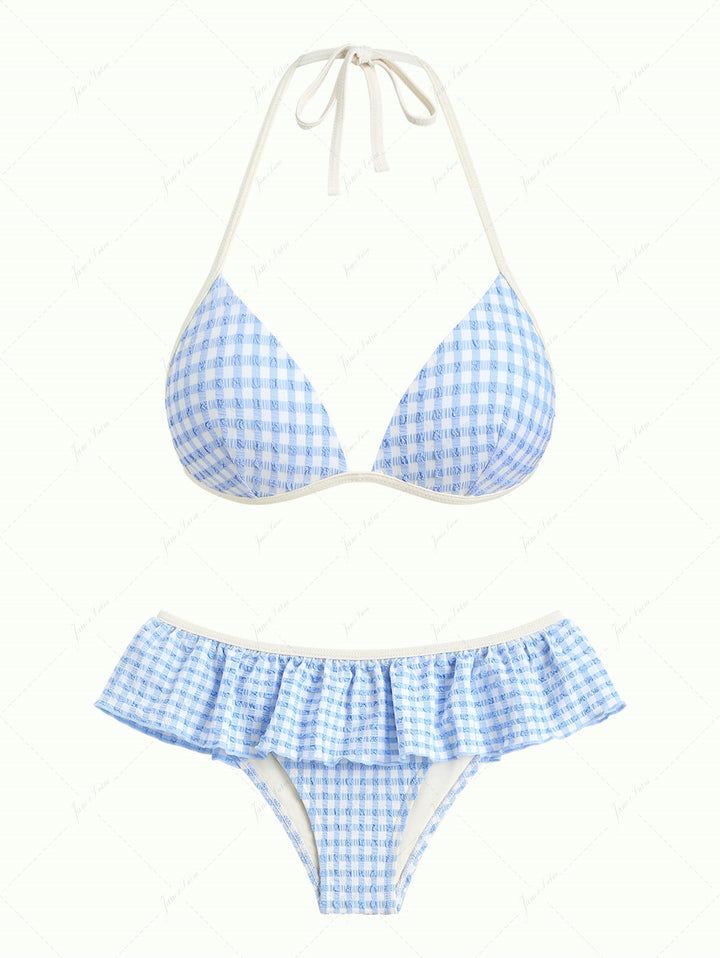Light Blue Bubble Grid Textured Triangle Push Up Skirtini Bikini Set