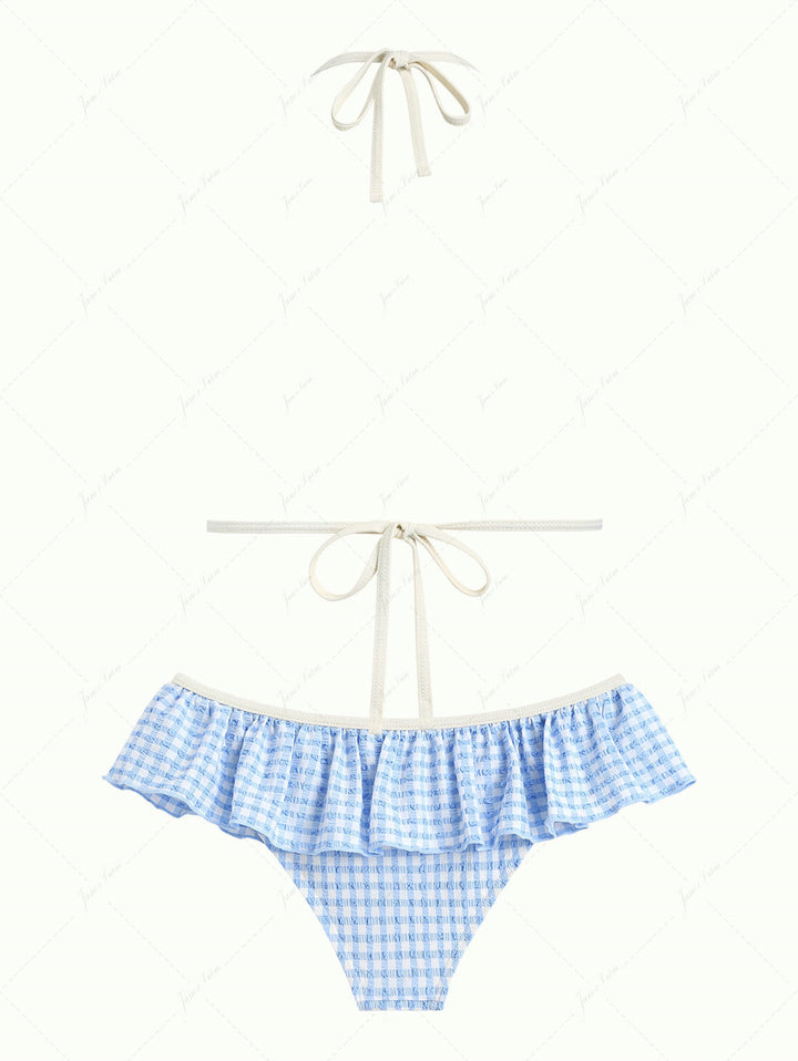 Light Blue Bubble Grid Textured Triangle Push Up Skirtini Bikini Set