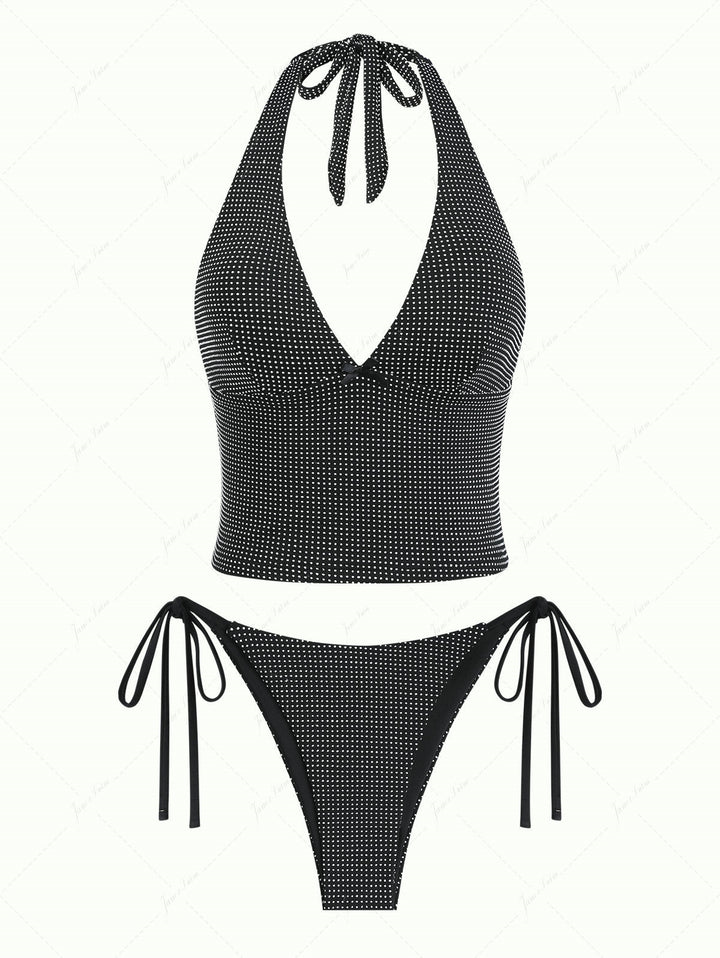 Black Pin Dot Jacquard Fabric Halter Tied String Tankini Set