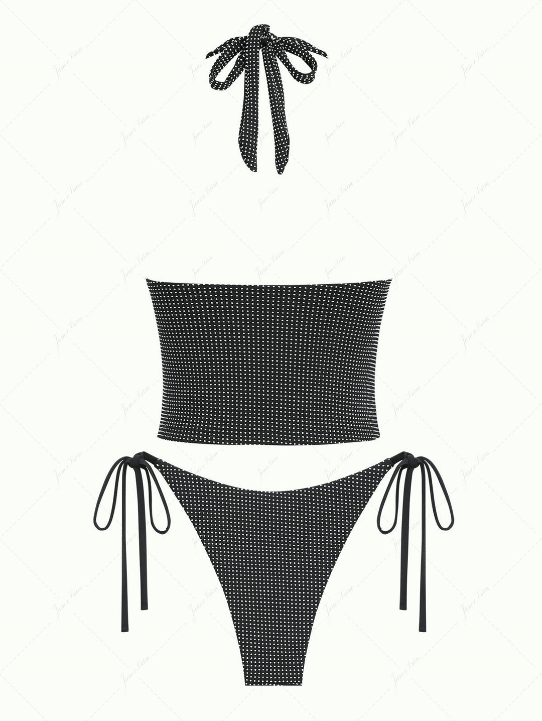 Black Pin Dot Jacquard Fabric Halter Tied String Tankini Set