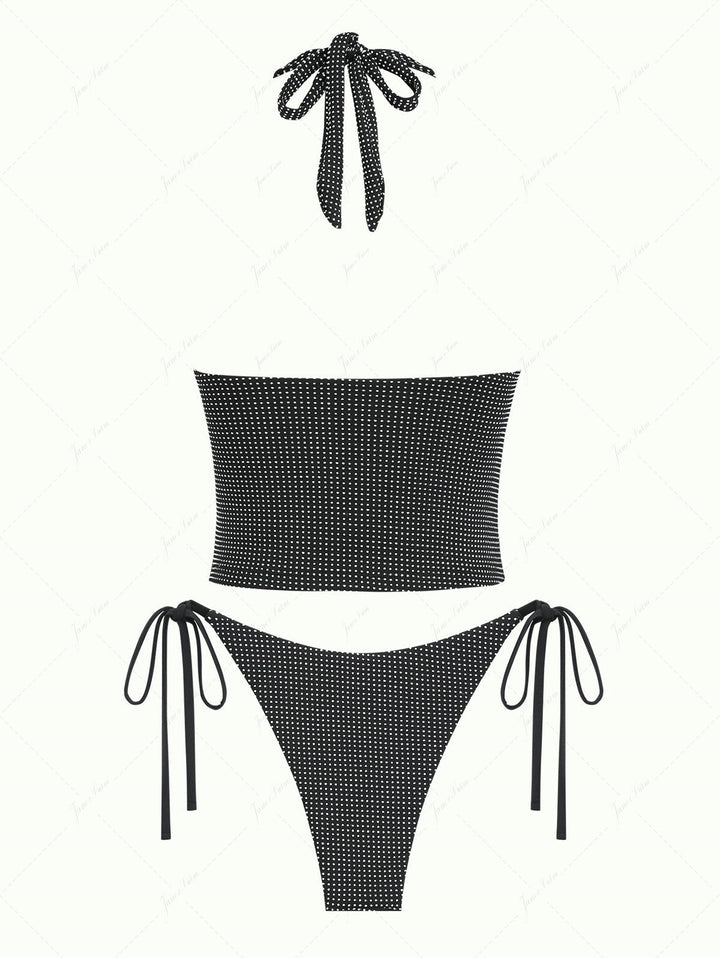 Black Pin Dot Jacquard Fabric Halter Tied String Tankini Set
