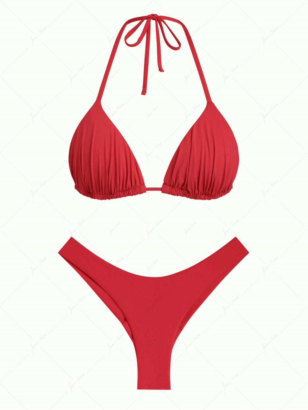 Red Ruched Halter Triangle Top & Cheeky Brazilian Bottom Bikini Set