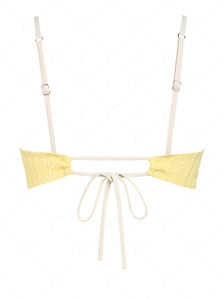 Yellow Floral Jacquard Textured Bowknot Bikini Top