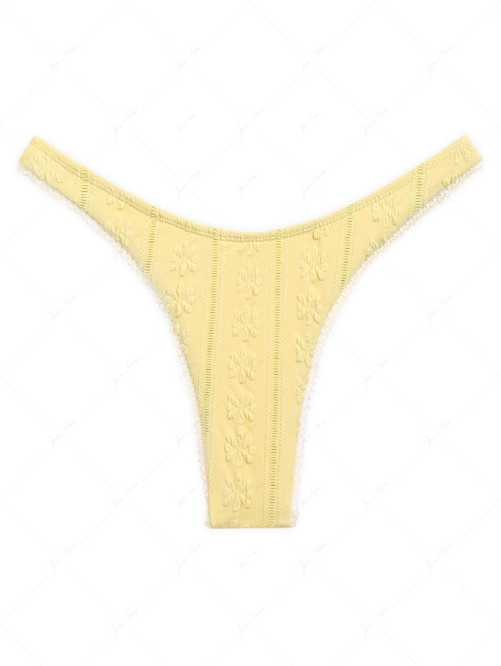 Yellow Floral Jacquard Textured Lace Bowknot Cheeky Bikini Bottom