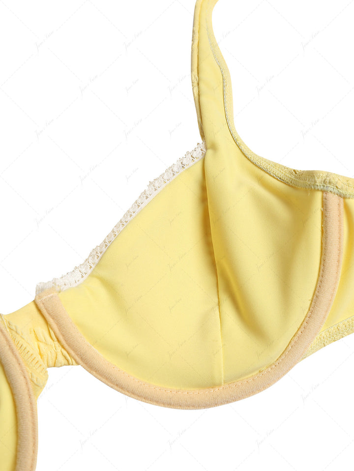 Yellow Jacquard Textured Lace Bowknot Underwire Bikini Top