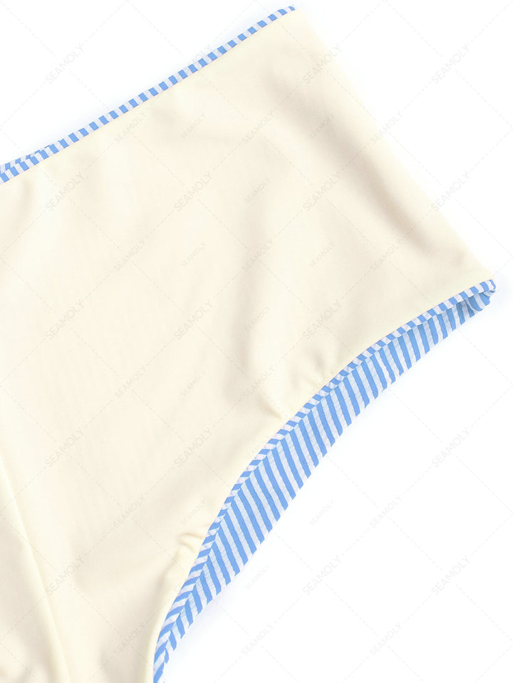 Sky Blue Striped Beach Swim High Rise Bottom Boyshorts