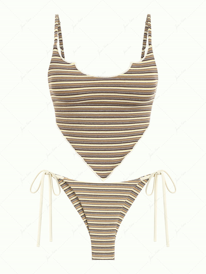 Brown Ribbed Knit Striped Hanky Hem Tank Top & Cheeky Brazilian Bottom Tankini Set