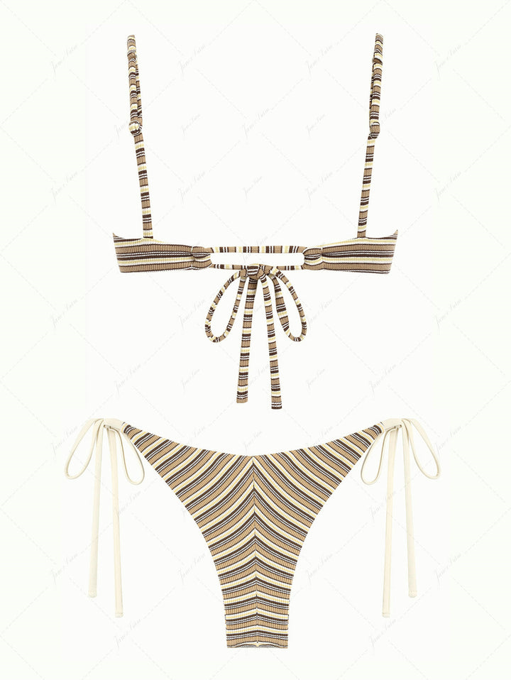 Brown Ribbed Knit Striped Hanky Hem Tank Top & Cheeky Brazilian Bottom Tankini Set