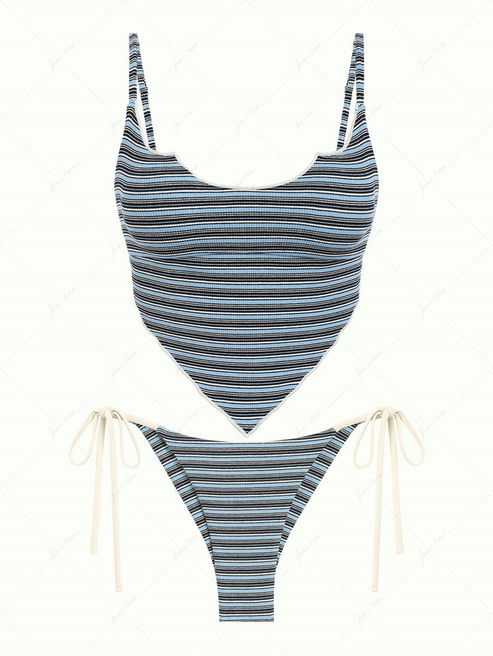 Blue Ribbed Knit Striped Hanky Hem Tank Top & Cheeky Brazilian Bottom Tankini Set