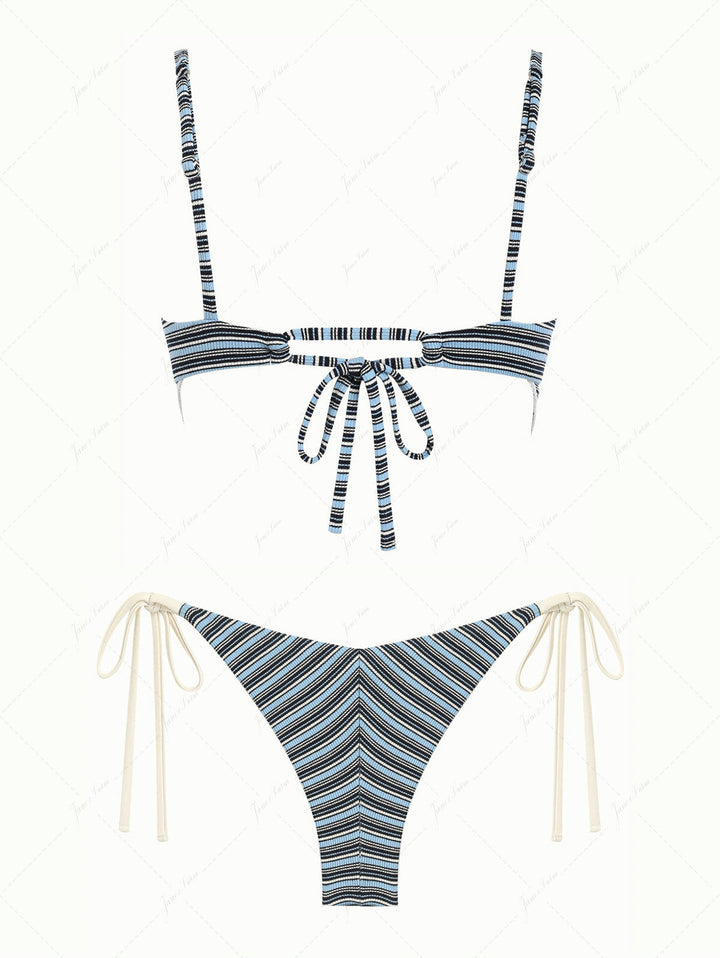Blue Ribbed Knit Striped Hanky Hem Tank Top & Cheeky Brazilian Bottom Tankini Set