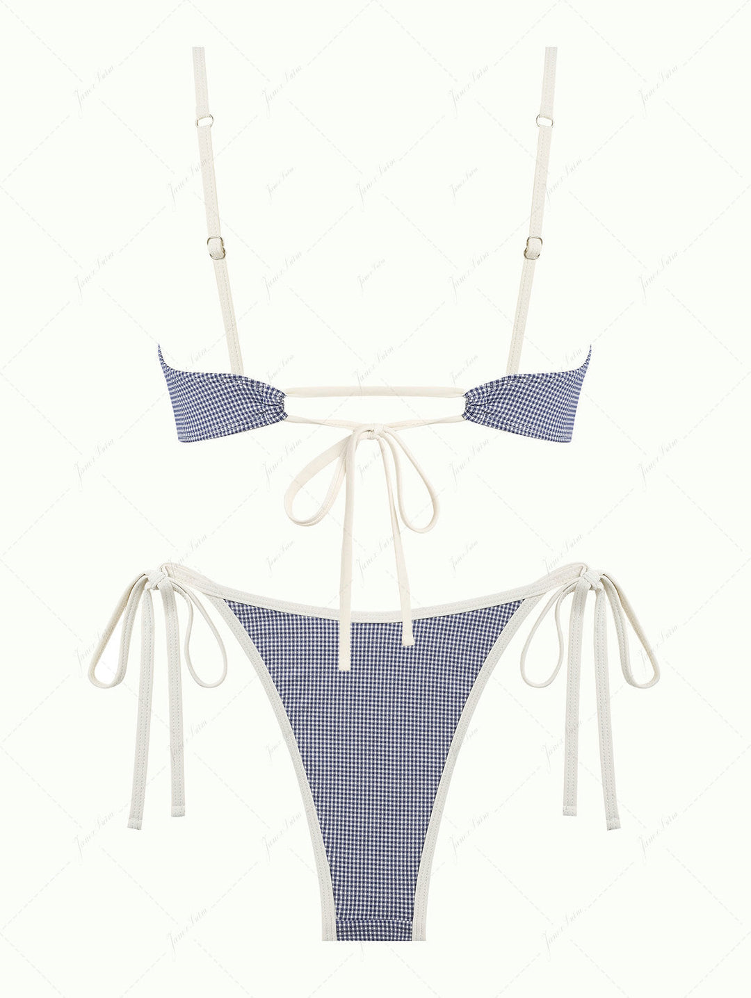 Deep Blue Vintage Plaid Spliced Ruched Bowknot Bikini Set