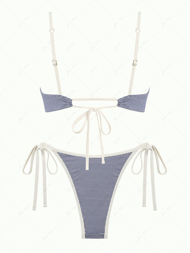 Deep Blue Vintage Plaid Spliced Ruched Bowknot Bikini Set