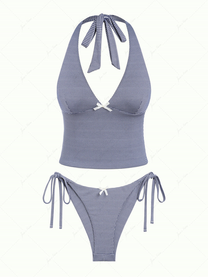 Deep Blue Vintage Plaid Halter Tank Top & Cheeky Brazilian Bottom Tankini Set