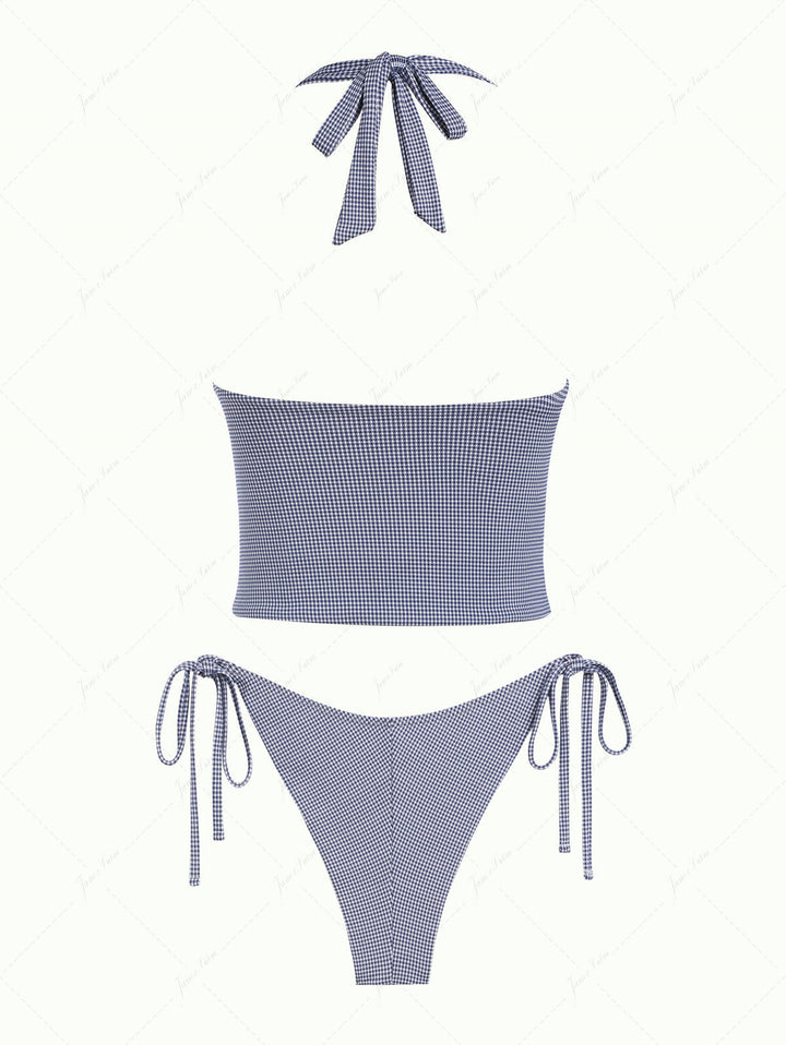 Deep Blue Vintage Plaid Halter Tank Top & Cheeky Brazilian Bottom Tankini Set