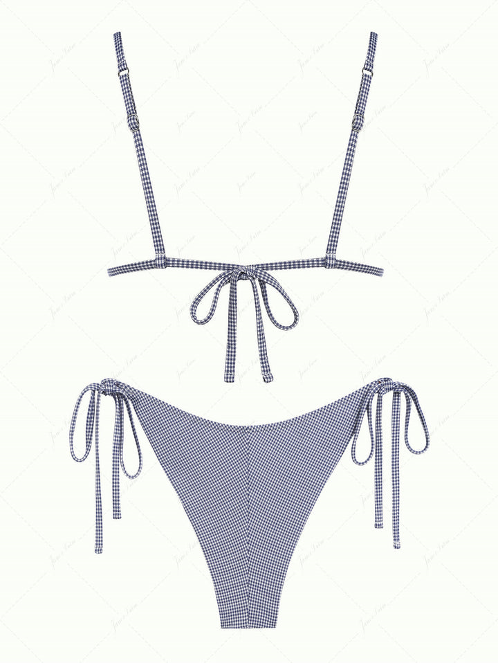Deep Blue Vintage Plaid Ruffles Triangle Top & Cheeky Brazilian Bottom Bikini Set