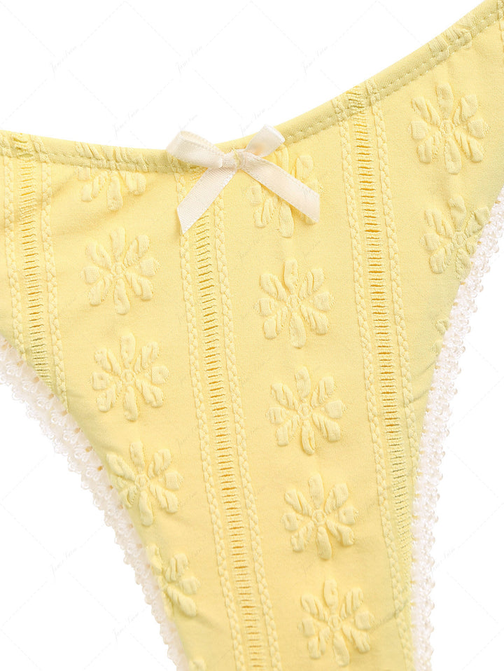 Yellow Floral Jacquard Textured Lace Bowknot Cheeky Bikini Bottom