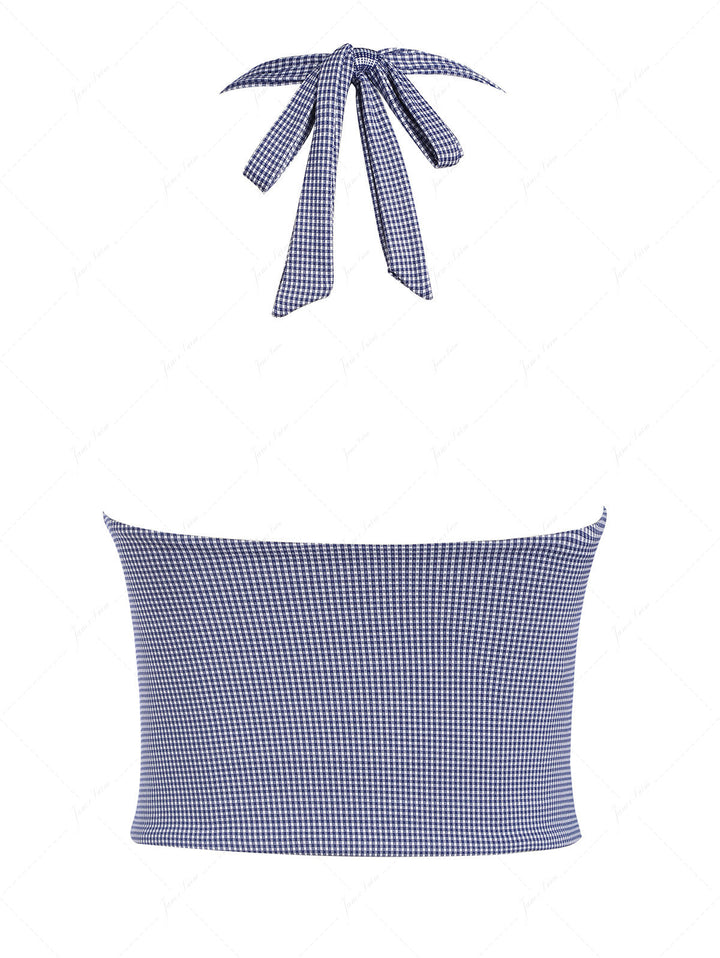 Deep Blue Vintage Plaid V-neck Halter Tied Bikini Tankini Top