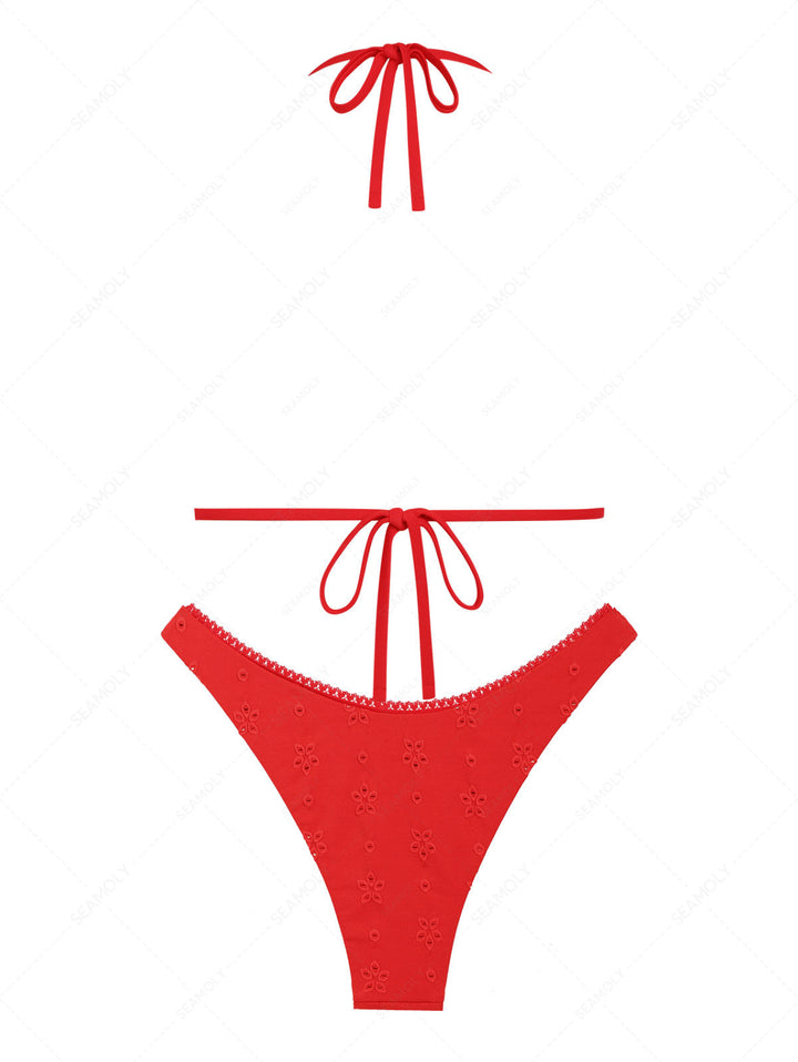 Seamolly Recycled Fabric Floral Jacquard Lace Trim Halter Triangle Cheeky Bikini Set