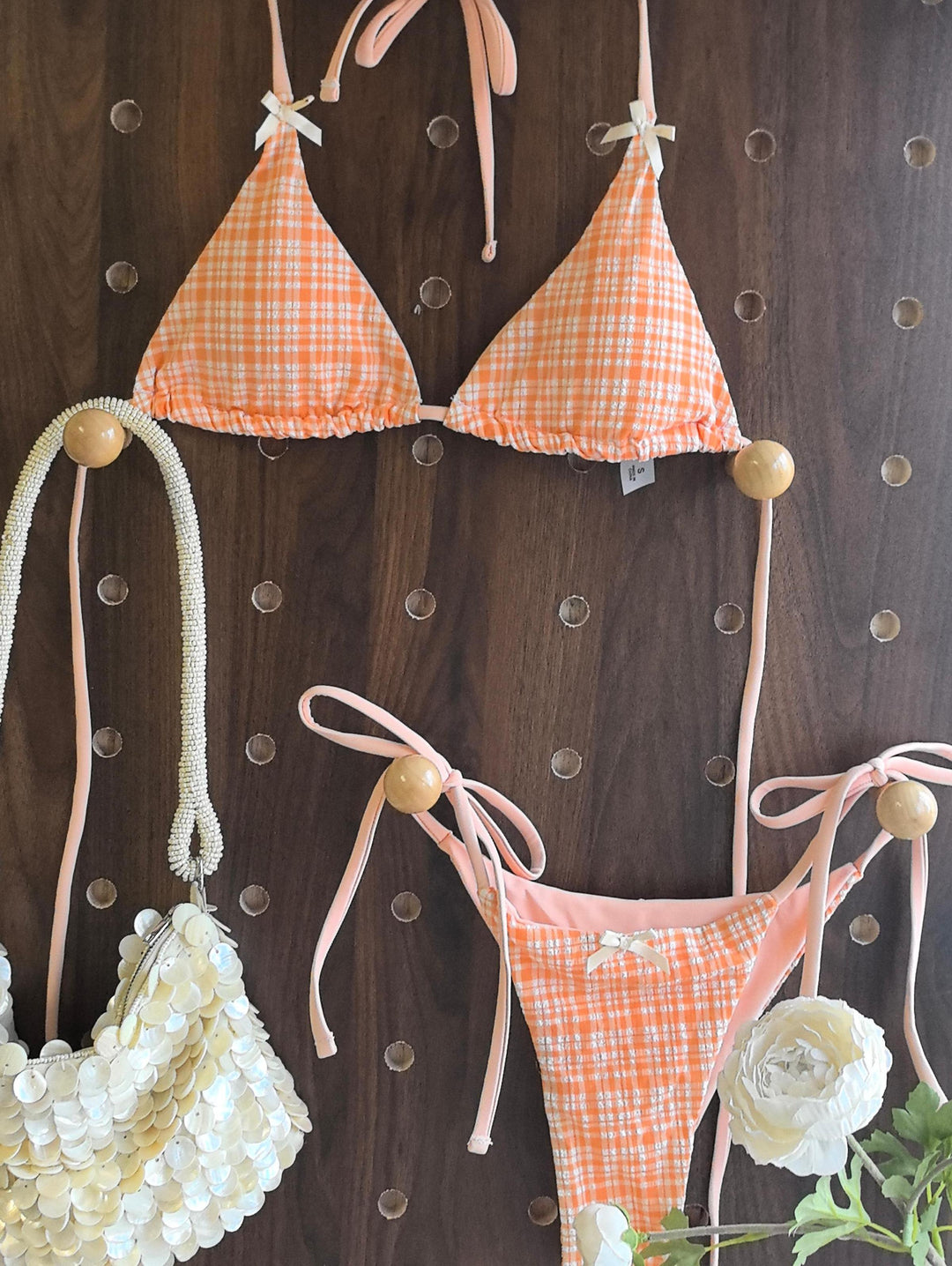 Seamolly Gingham Bowknot Decor Halter Tied Triangle Tie Side Bikini Set