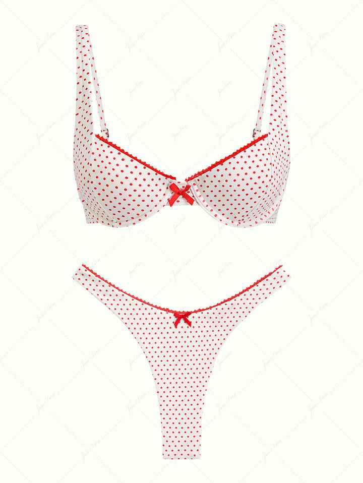 Crystal Cream Polka Dot Lace Bowknot Underwire Bikini Set