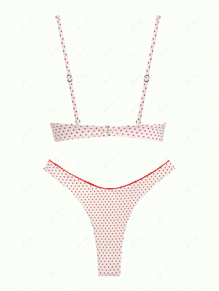 Crystal Cream Polka Dot Lace Bowknot Underwire Bikini Set