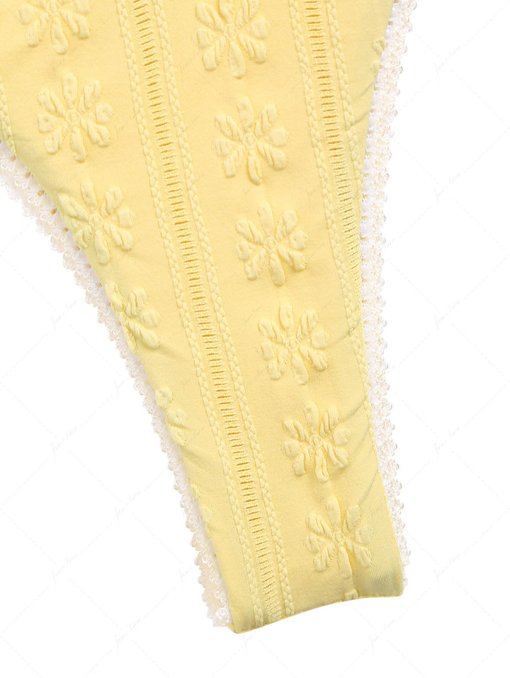 Yellow Floral Jacquard Textured Lace Bowknot Cheeky Bikini Bottom