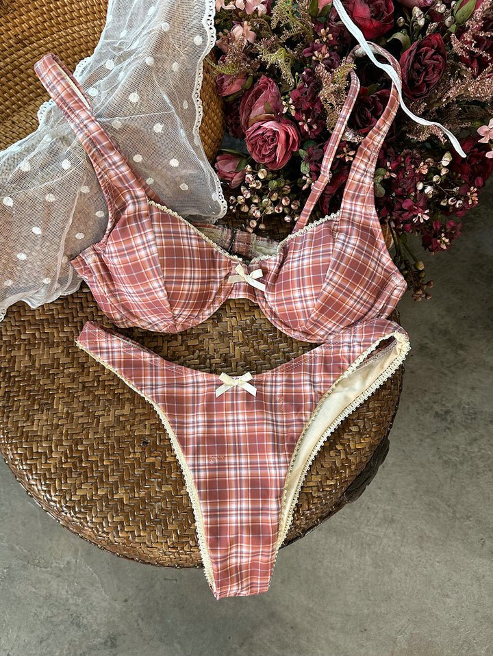 Seamolly Vintage Gingham Lace Trim Bowknot Decor Underwire Balconette Bikini Set