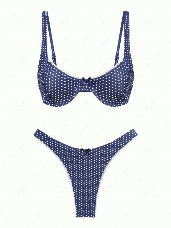 Deep Blue Polka Dot Lace Bowknot Underwire Bikini Set