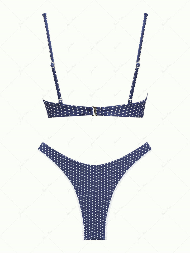 Deep Blue Polka Dot Lace Bowknot Underwire Bikini Set