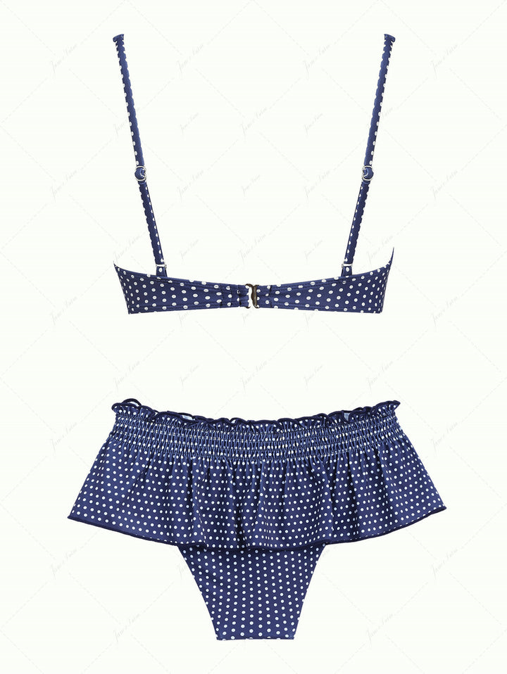 Deep Blue Polka Dot Lace Bowknot Underwire Skirtini Bikini Set