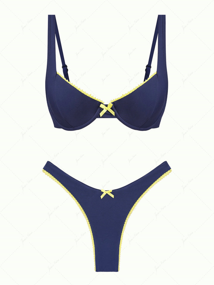Deep Blue Contrast Lace Bowknot Underwire Bikini Set
