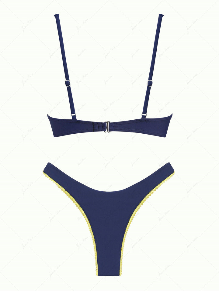 Deep Blue Contrast Lace Bowknot Underwire Bikini Set