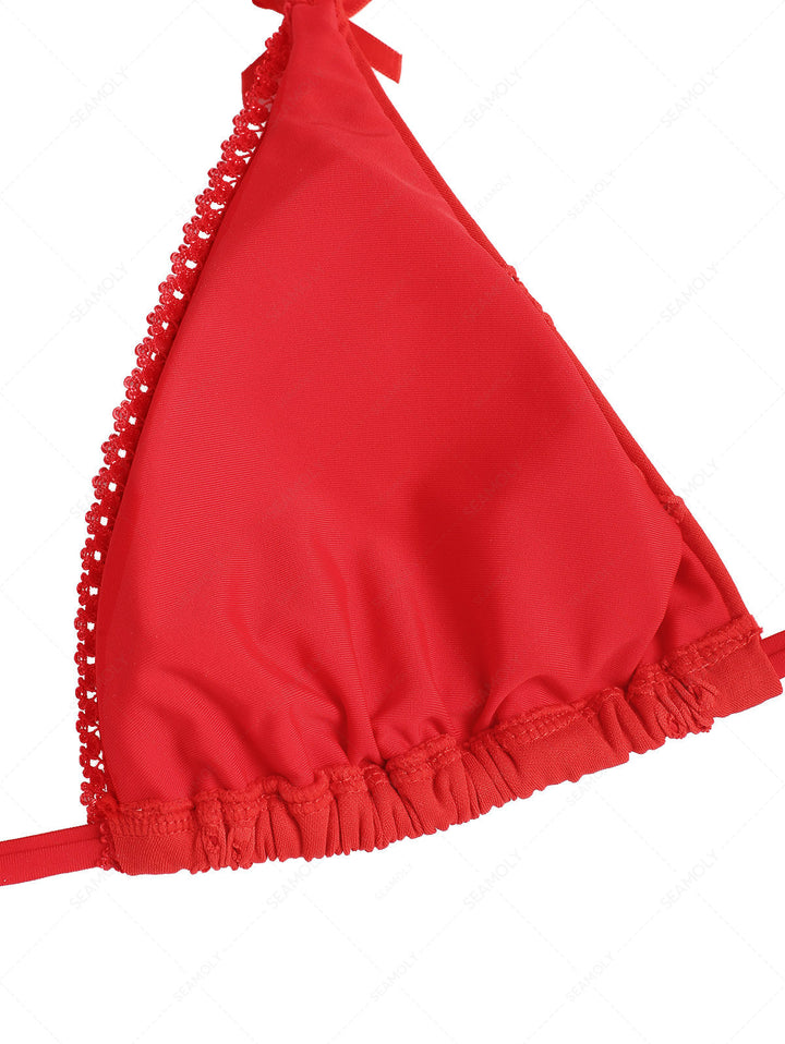Seamolly Recycled Fabric Floral Jacquard Lace Trim Halter Triangle Cheeky Bikini Set
