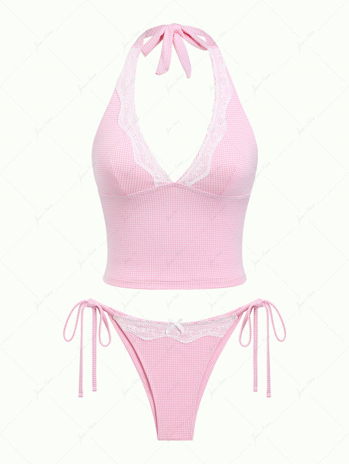 Light Pink Knitted Plaid Lace Halter Tank Top & Cheeky Brazilian Bottom Tankini Set