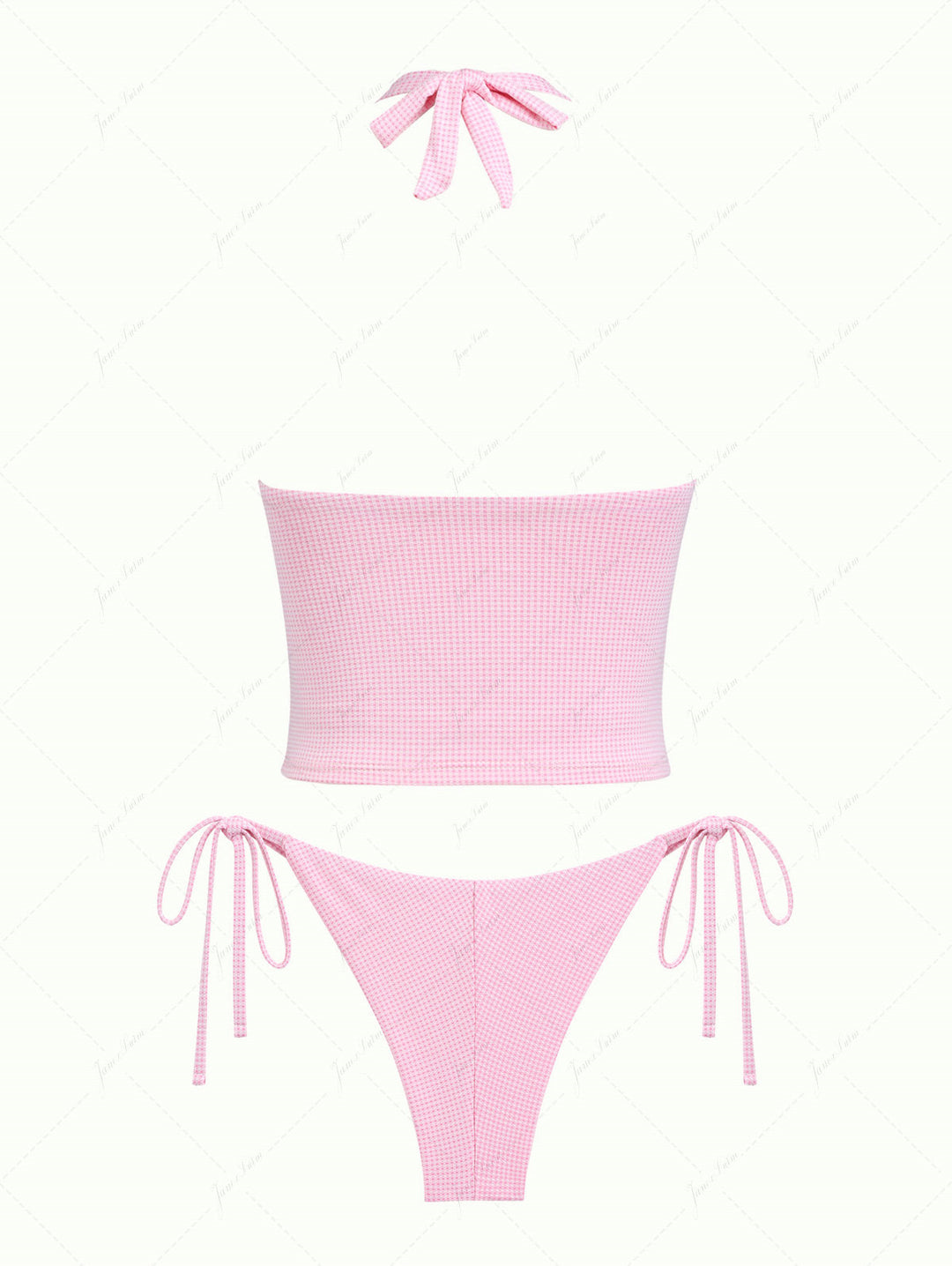 Light Pink Knitted Plaid Lace Halter Tank Top & Cheeky Brazilian Bottom Tankini Set